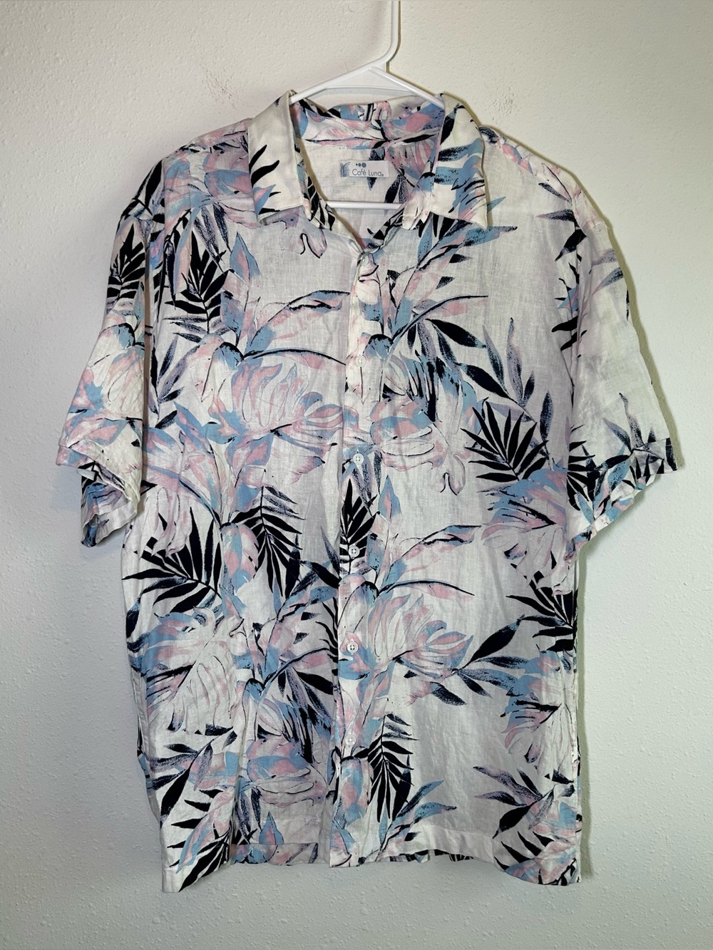 Cafe Luna Linen Blend Tropical Shirt Men’s XL* Hawaiian Beach Palm Leaf Print